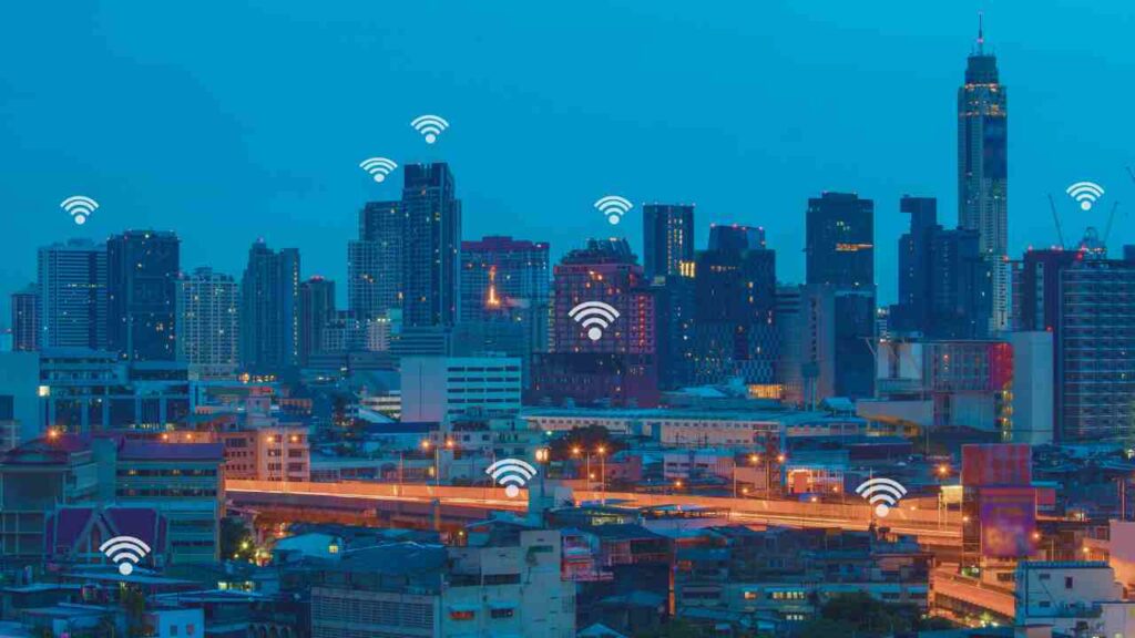 A cityscape showcasing interconnected smart infrastructure for urban living.