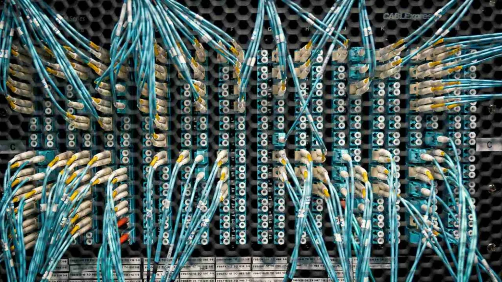 Many cabled connectors in fiber optic switch.