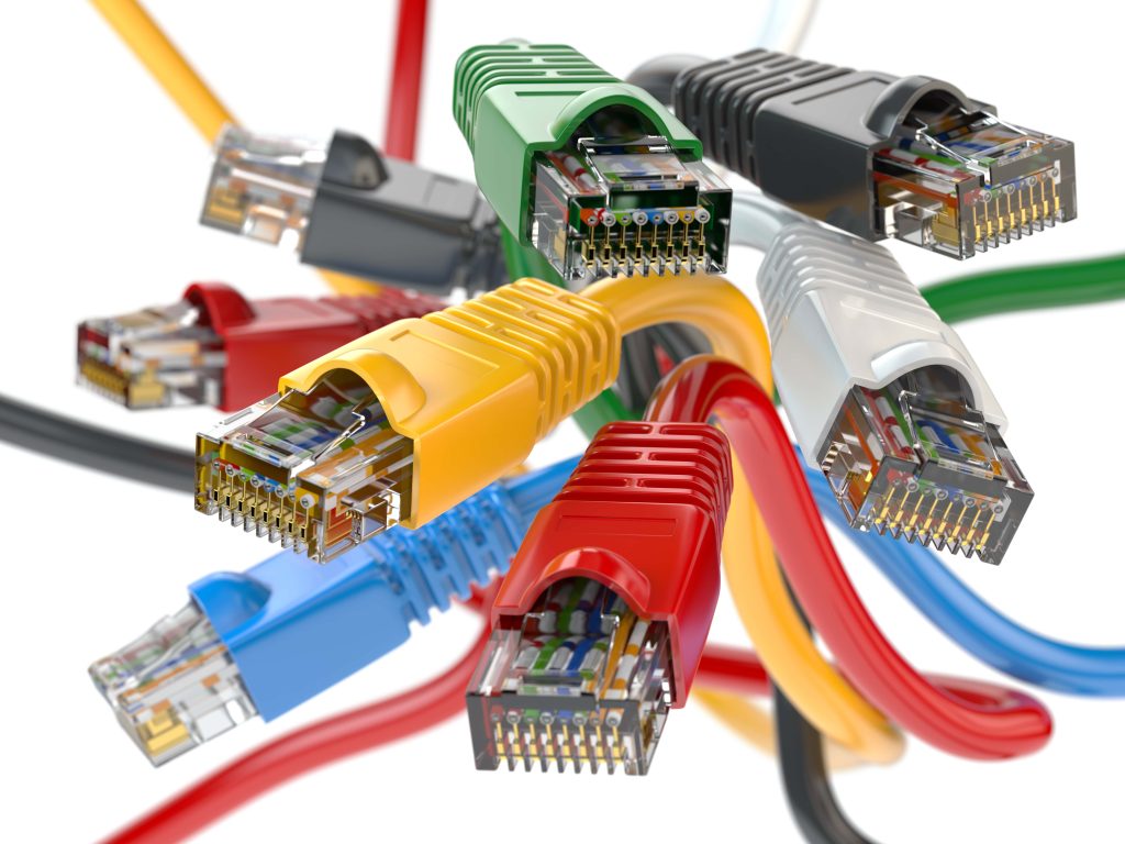 Computer network LAN cables rj45 of different colors. Internet