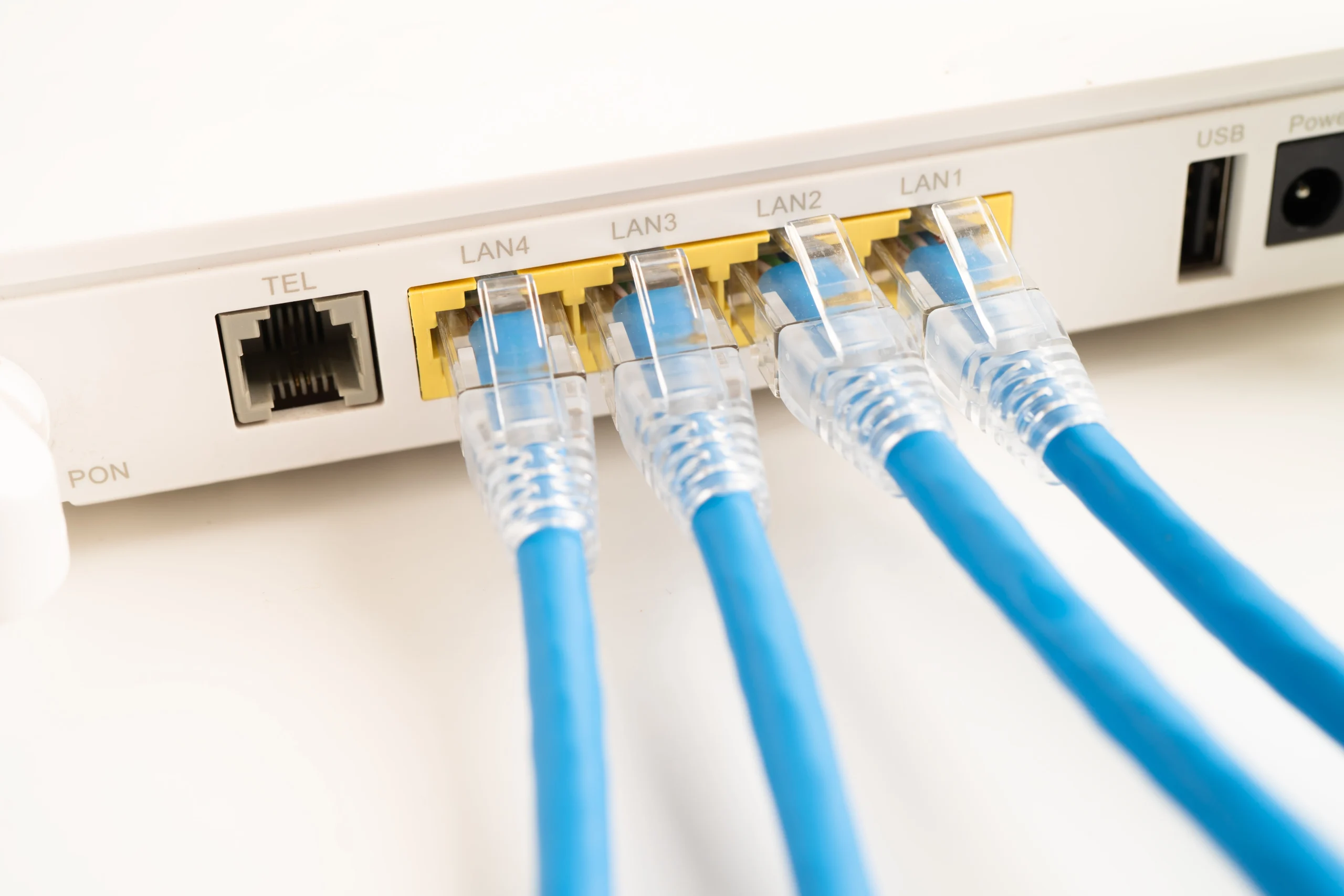Ethernet cable with wireless router connect to internet service provider internet network.