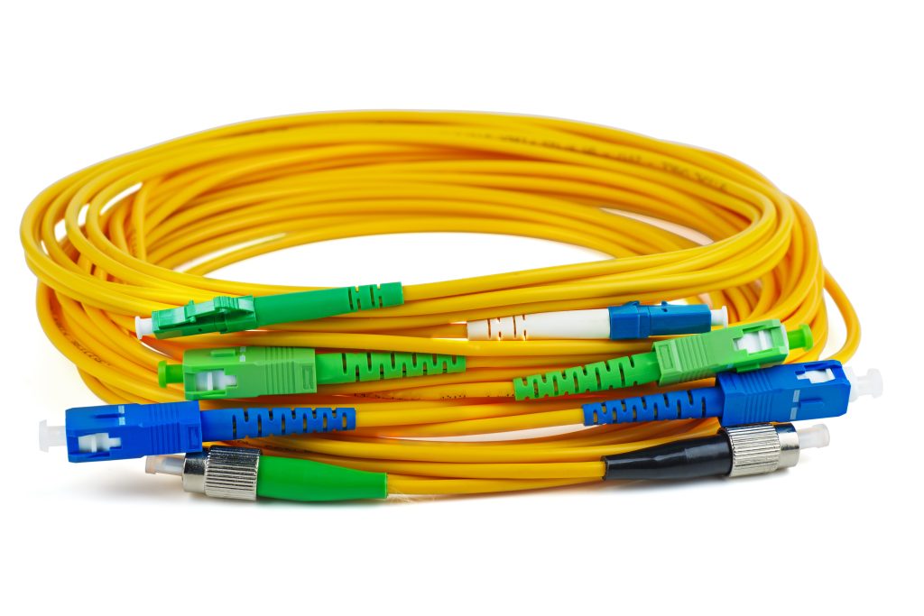 Fiber optic patch cord cables on white background