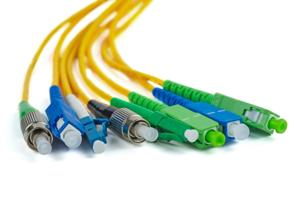 Fiber optic patch cord cables on white background