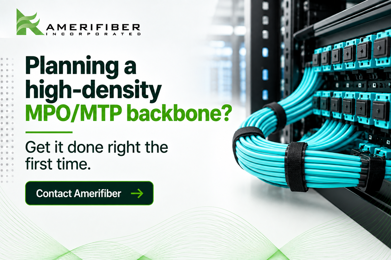 Aqua MPO/MTP fiber optic cables bundled and connected to a high-density server rack patch panel