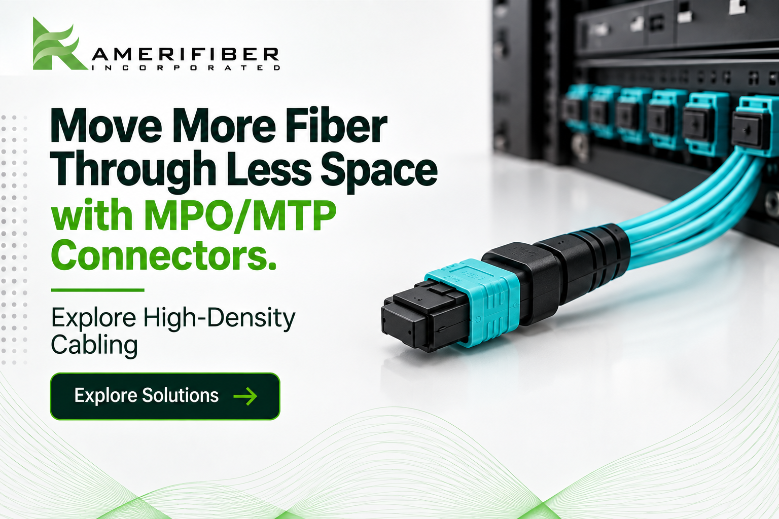 Close-up of an MPO/MTP fiber optic connector with aqua cable, plugged into a high-density server rack