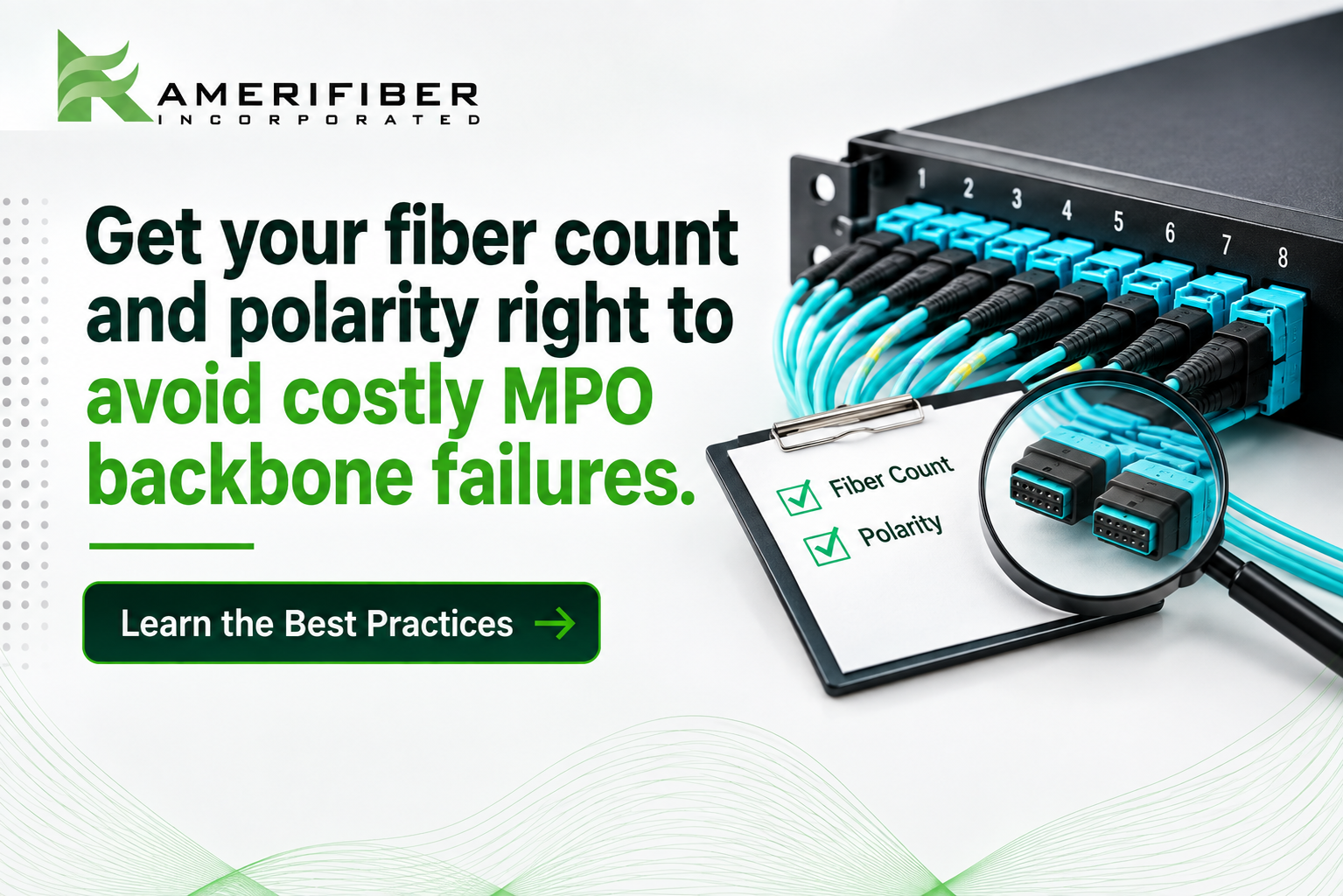 Numbered MPO fiber optic ports on a patch panel with a checklist for fiber count and polarity, magnified for inspection