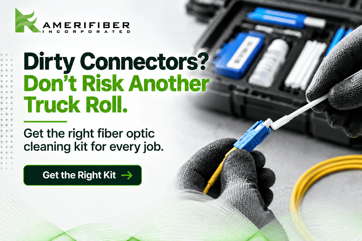 Installer in work gloves cleaning an LC fiber optic connector with a cleaning kit open on the job site