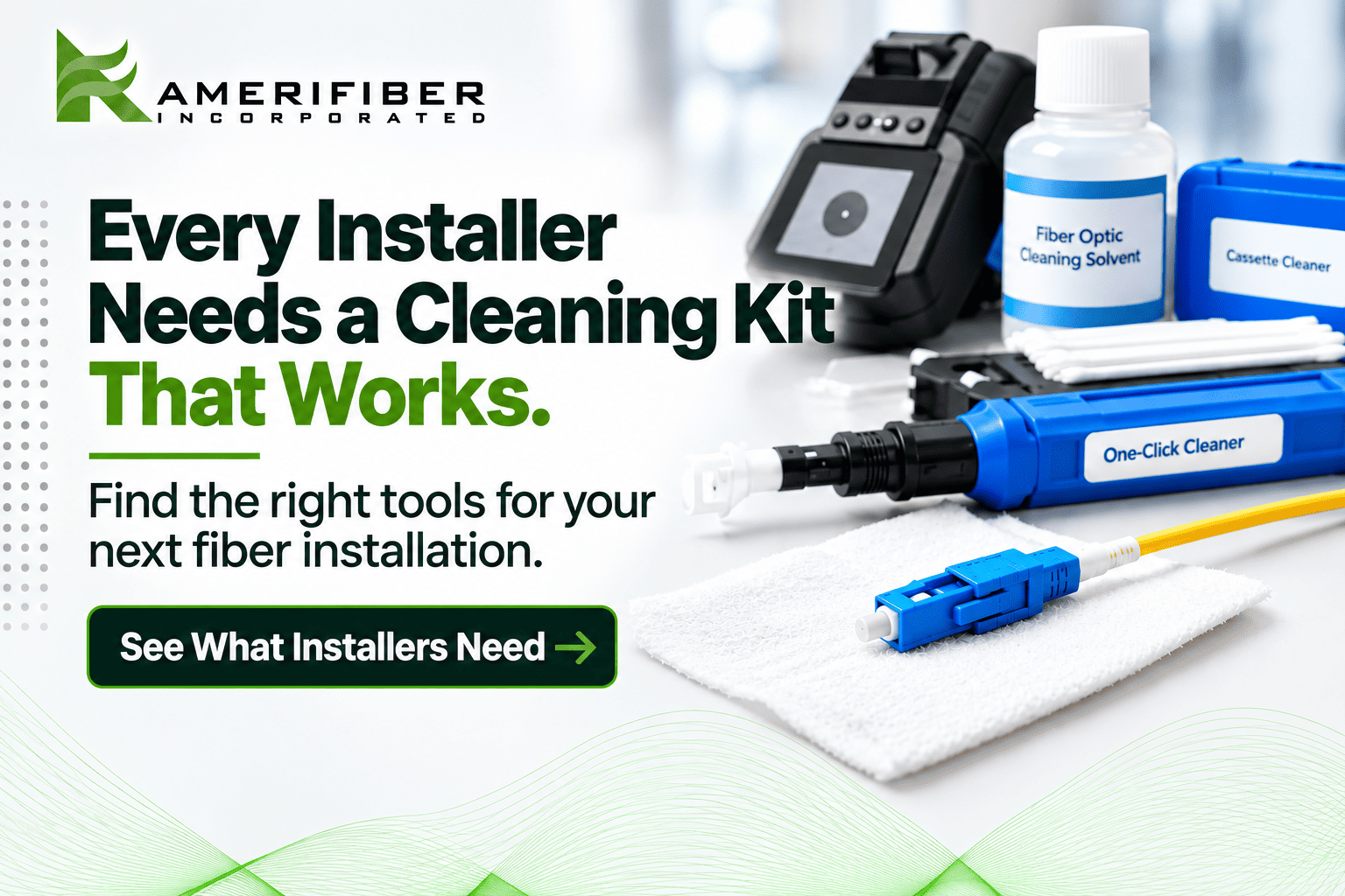 Fiber optic cleaning kit with one-click cleaner, cassette cleaner, cleaning solvent, and lint-free wipes beside an SC connector