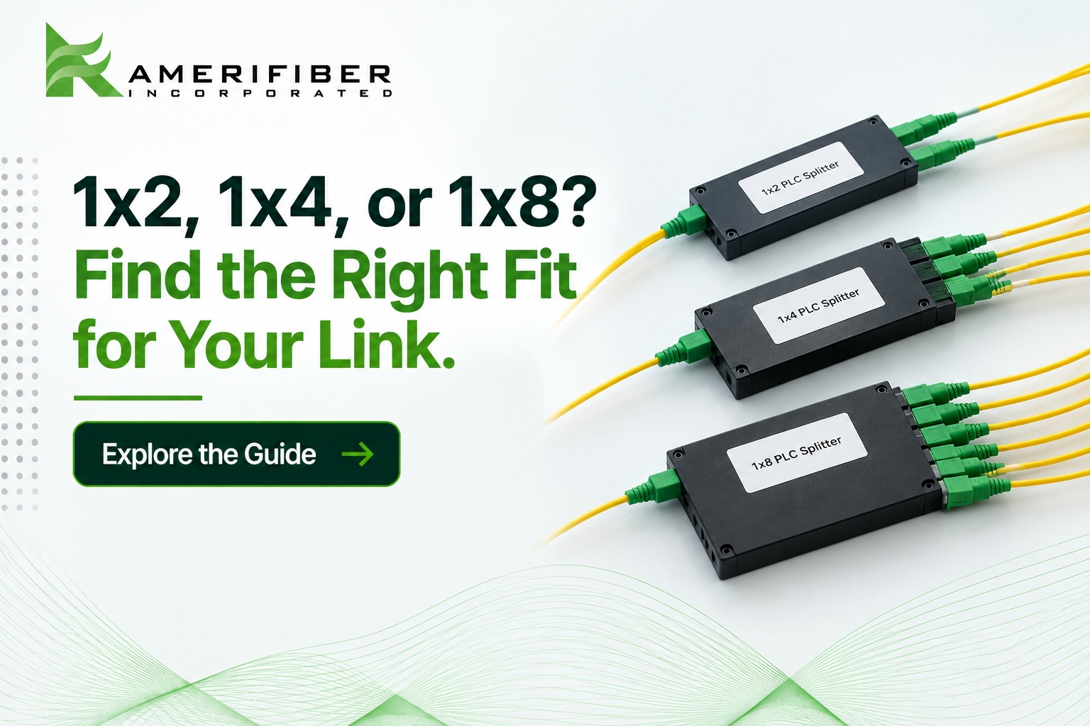 Amerifiber 1x2, 1x4, and 1x8 PLC splitters with green SC/APC connectors and yellow fiber cables, shown side by side for comparing splitter ratios
